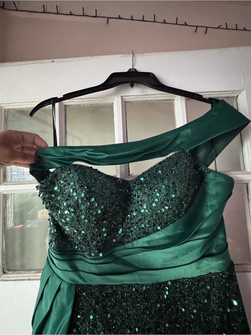 Emerald Sequin Off-Shoulder Evening Dress